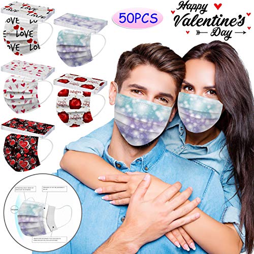 50Pcs Valentines Disposable Face_Masks for Adults Women Valentines Day Breathable Adult Holiday Face Protective Mask