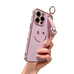 hosgor iphone 14 pro max case for women, bling glitter plating cover with strap & camera lens protection soft tpu shockproof bumper phone case for iphone 14 pro max 5g 2022 6.7inch (purple)
