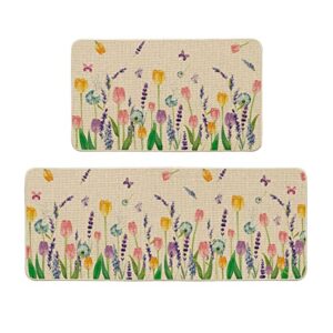 artoid mode lavender tulip spring kitchen mats set of 2, seasonal flower summer home decor low-profile kitchen rugs for floor - 17x29 and 17x47 inch