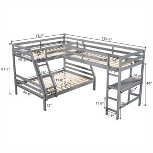 Merax Wood L-Shaped Bunk Bed with a Loft Attached, Triple Bedframe with Desk, Guardrails, and Ladders, Twin Over Full, Gray