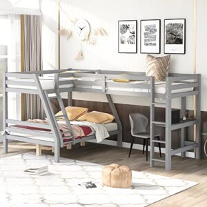 merax wood l-shaped bunk bed with a loft attached, triple bedframe with desk, guardrails, and ladders, twin over full, gray