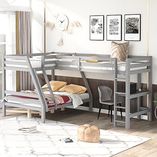 Merax Wood L-Shaped Bunk Bed with a Loft Attached, Triple Bedframe with Desk, Guardrails, and Ladders, Twin Over Full, Gray