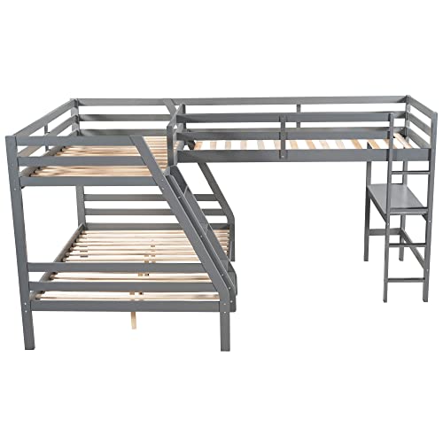 Merax Wood L-Shaped Bunk Bed with a Loft Attached, Triple Bedframe with Desk, Guardrails, and Ladders, Twin Over Full, Gray