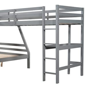 Merax Wood L-Shaped Bunk Bed with a Loft Attached, Triple Bedframe with Desk, Guardrails, and Ladders, Twin Over Full, Gray