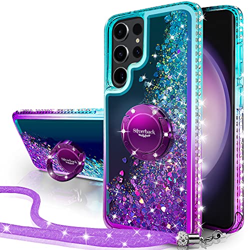 Silverback for Samsung Galaxy S23 Ultra Case, Moving Liquid Holographic Sparkle Glitter Case with Kickstand, Girls Women Bling Diamond Ring Slim Protective Case for Galaxy S23 Ultra 5G, Purple