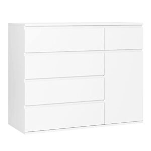 fotosok 5 drawer dresser, white dresser modern dresser for tv stand, double dresser wide storage chests of drawer with door, deep drawers and wide storage space