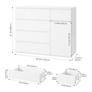 FOTOSOK 5 Drawer Dresser, White Dresser Modern Dresser for TV Stand, Double Dresser Wide Storage Chests of Drawer with Door, Deep Drawers and Wide Storage Space