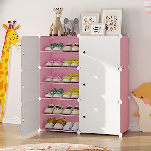 MAGINELS Baby Shoe Rack 24 Pairs Shoe Organizer Narrow Standing Stackable Shoe Storage Cabinet Space Saver for Entryway, Hallway and Closet,Pink