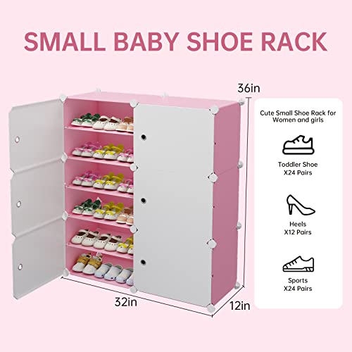 MAGINELS Baby Shoe Rack 24 Pairs Shoe Organizer Narrow Standing Stackable Shoe Storage Cabinet Space Saver for Entryway, Hallway and Closet,Pink