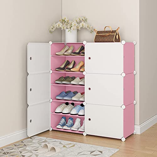 MAGINELS Baby Shoe Rack 24 Pairs Shoe Organizer Narrow Standing Stackable Shoe Storage Cabinet Space Saver for Entryway, Hallway and Closet,Pink