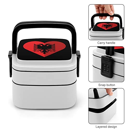 Albania Flat Heart Flag Lunch Box Portable Double-Layer Bento Box Large Capacity Lunch Container Food Container with Spoon