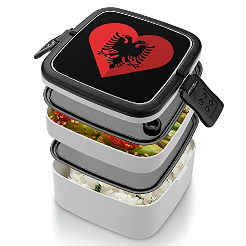 Albania Flat Heart Flag Lunch Box Portable Double-Layer Bento Box Large Capacity Lunch Container Food Container with Spoon