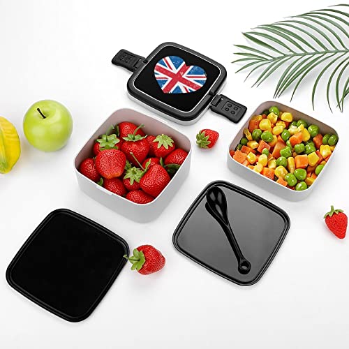 UK Great Britain Retro Heart Flag Lunch Box Portable Double-Layer Bento Box Large Capacity Lunch Container Food Container with Spoon