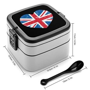 UK Great Britain Retro Heart Flag Lunch Box Portable Double-Layer Bento Box Large Capacity Lunch Container Food Container with Spoon