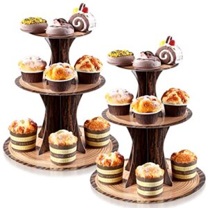 2 pcs wood cupcake stand, woodland baby shower decorations wood grain birthday party supplies, 3 tier cardboard wooden cupcake stand tower safari rustic jungle cupcake stand