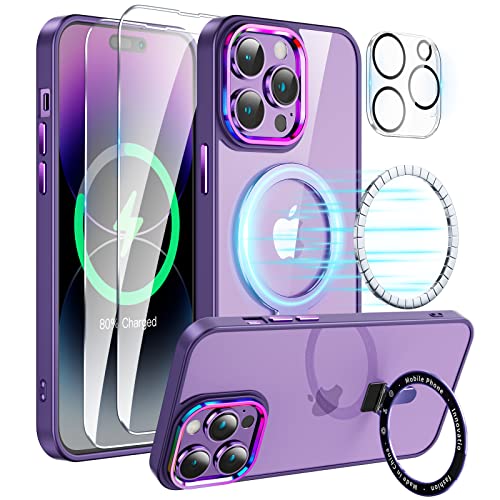 Facweek Compatible with Magsafe iPhone 14 Pro Max Case with Magnetic Stand, Clear Back Full Protection Case [2 Screen Protectors+1 Lens Protector+Iridescent Camera Bezel] 6.7 Inch, Clear and Purple