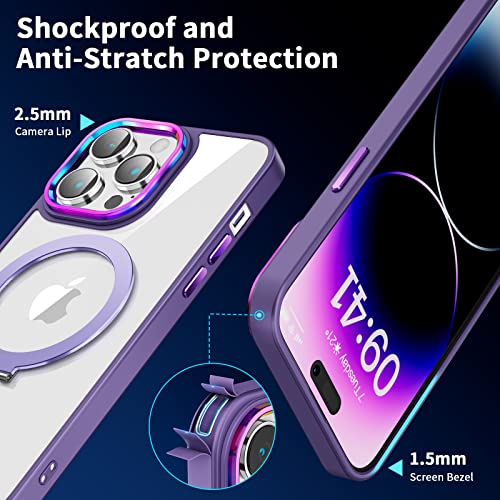 Facweek Compatible with Magsafe iPhone 14 Pro Max Case with Magnetic Stand, Clear Back Full Protection Case [2 Screen Protectors+1 Lens Protector+Iridescent Camera Bezel] 6.7 Inch, Clear and Purple