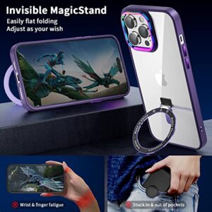 Facweek Compatible with Magsafe iPhone 14 Pro Max Case with Magnetic Stand, Clear Back Full Protection Case [2 Screen Protectors+1 Lens Protector+Iridescent Camera Bezel] 6.7 Inch, Clear and Purple