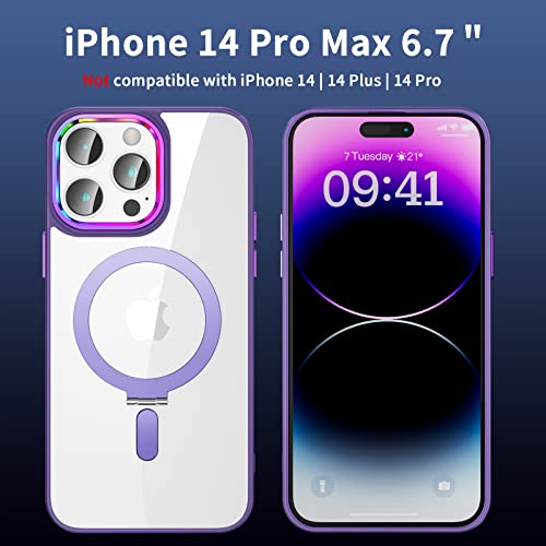 Facweek Compatible with Magsafe iPhone 14 Pro Max Case with Magnetic Stand, Clear Back Full Protection Case [2 Screen Protectors+1 Lens Protector+Iridescent Camera Bezel] 6.7 Inch, Clear and Purple