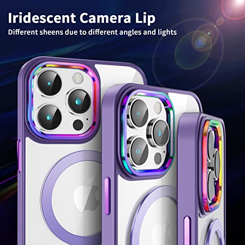 Facweek Compatible with Magsafe iPhone 14 Pro Max Case with Magnetic Stand, Clear Back Full Protection Case [2 Screen Protectors+1 Lens Protector+Iridescent Camera Bezel] 6.7 Inch, Clear and Purple