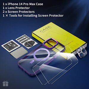 Facweek Compatible with Magsafe iPhone 14 Pro Max Case with Magnetic Stand, Clear Back Full Protection Case [2 Screen Protectors+1 Lens Protector+Iridescent Camera Bezel] 6.7 Inch, Clear and Purple