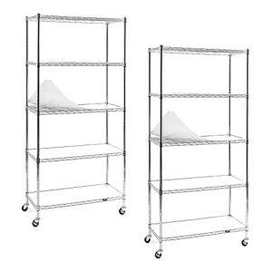 ezpeaks 2-pack chrome 5-shelf shelving units and storage rack on wheels with 5-shelf liners, nsf certified, adjustable matel wire shelving unit rack for garage, kitchen, office, (63h x 30w x 14d)