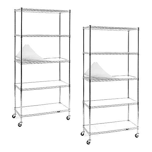 EZPEAKS 2-Pack Chrome 5-Shelf Shelving Units and Storage Rack on Wheels with 5-Shelf Liners, NSF Certified, Adjustable Matel Wire Shelving Unit Rack for Garage, Kitchen, Office, (63H X 30W X 14D)
