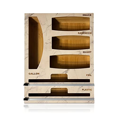 Premium Bamboo Ziplock Storage organizer, Wall Mounting Ziplock Bag Organizer, Foil and plastic wrap organizer, 6 in 1 Drawer Organizer, Marble Kitchen Organizer