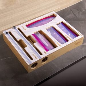 Premium Bamboo Ziplock Storage organizer, Wall Mounting Ziplock Bag Organizer, Foil and plastic wrap organizer, 6 in 1 Drawer Organizer, Marble Kitchen Organizer