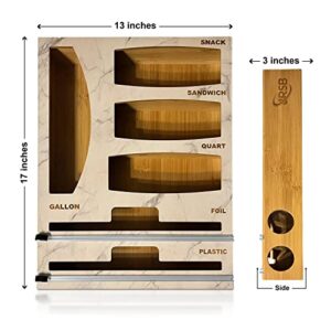 Premium Bamboo Ziplock Storage organizer, Wall Mounting Ziplock Bag Organizer, Foil and plastic wrap organizer, 6 in 1 Drawer Organizer, Marble Kitchen Organizer