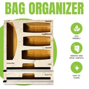 Premium Bamboo Ziplock Storage organizer, Wall Mounting Ziplock Bag Organizer, Foil and plastic wrap organizer, 6 in 1 Drawer Organizer, Marble Kitchen Organizer