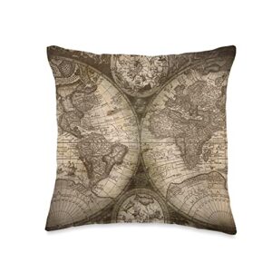 decorative delights antique vintage old world map atlas rustic travel globe throw pillow, 16x16, multicolor