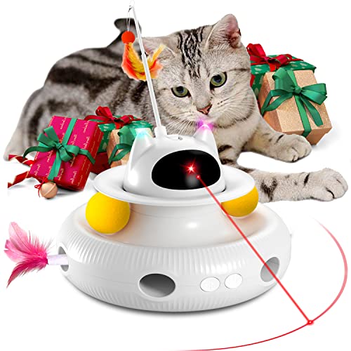 JIMUPARK 4-in-1 Laser Cat Toys Smart Interactive Electronic Exercise Kicker Toy for Indoor Cats, Kitten, Flying Feathers, Track Balls