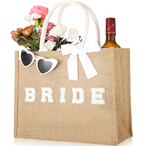 Cunno 3 Pcs Bride Tote Bag Jute Bridesmaid Gift Bag Heart Shaped Sunglasses Ribbon Set for Bachelorette Wedding Gift (Bride)