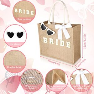 Cunno 3 Pcs Bride Tote Bag Jute Bridesmaid Gift Bag Heart Shaped Sunglasses Ribbon Set for Bachelorette Wedding Gift (Bride)