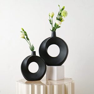 Black Vase for Decor, 10.7" and 9" H Modern Vase Set 2 Minimalist Nordic Boho Ins Style for Farmhouse Home Decor Dinner Table Party Living Room Coffee Table Office Book Shelf, Decorative Gift