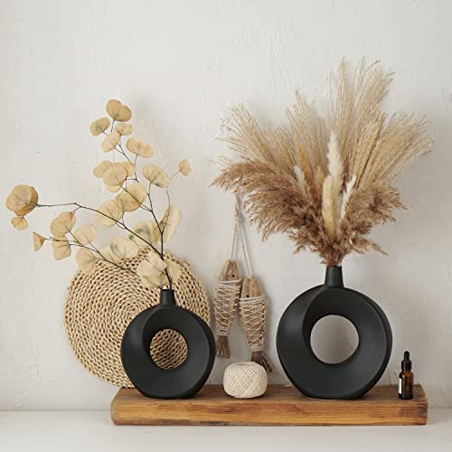 Black Vase for Decor, 10.7" and 9" H Modern Vase Set 2 Minimalist Nordic Boho Ins Style for Farmhouse Home Decor Dinner Table Party Living Room Coffee Table Office Book Shelf, Decorative Gift