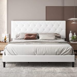 ttview upholstered queen bed frame with button tufted headboard, modern faux leather platform bed with wooden slat support, no box spring needed, sturdy and noise-free, easy assembly, white