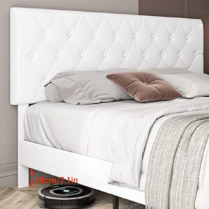 TTVIEW Upholstered Queen Bed Frame with Button Tufted Headboard, Modern Faux Leather Platform Bed with Wooden Slat Support, No Box Spring Needed, Sturdy and Noise-Free, Easy Assembly, White