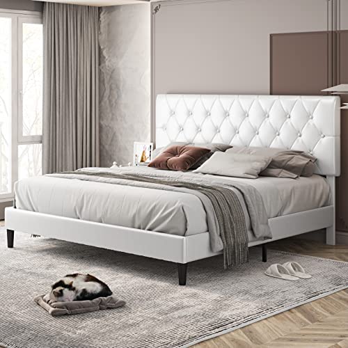 TTVIEW Upholstered Queen Bed Frame with Button Tufted Headboard, Modern Faux Leather Platform Bed with Wooden Slat Support, No Box Spring Needed, Sturdy and Noise-Free, Easy Assembly, White