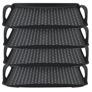 mahiong 4 pack non slip serving trays, 16.5 x 11.4 x 1.6 inch plastic serving tray with handles, rectangle anti slip food tray for snack fruit dessert breakfast eating, black