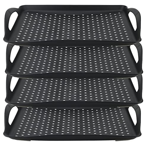 MAHIONG 4 Pack Non Slip Serving Trays, 16.5 x 11.4 x 1.6 Inch Plastic Serving Tray with Handles, Rectangle Anti Slip Food Tray for Snack Fruit Dessert Breakfast Eating, Black