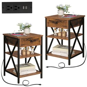 iwell nightstand set of 2 with charging station and usb ports & outlets, end table with drawer & storage shelf, side table for bedroom, rustic brown