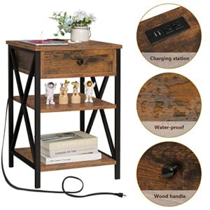 Iwell Nightstand Set of 2 with Charging Station and USB Ports & Outlets, End Table with Drawer & Storage Shelf, Side Table for Bedroom, Rustic Brown