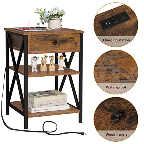 Iwell Nightstand Set of 2 with Charging Station and USB Ports & Outlets, End Table with Drawer & Storage Shelf, Side Table for Bedroom, Rustic Brown