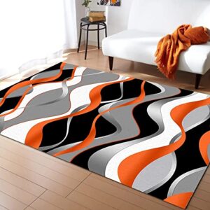 orange black grey wavy kids rugs, abstract white moire geometric art thick soft plush area rugs, breathable durable carpet, machine washable mat for hardwood floors decor 4' x 6'