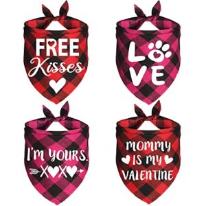 jotfa 4 pack valentine’s day dog bandanas, plaid dog puppy valentines bandana scarf for small medium large dogs pets (red & pink)