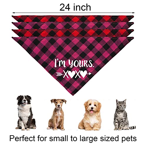 JOTFA 4 Pack Valentine’s Day Dog Bandanas, Plaid Dog Puppy Valentines Bandana Scarf for Small Medium Large Dogs Pets (Red & Pink)