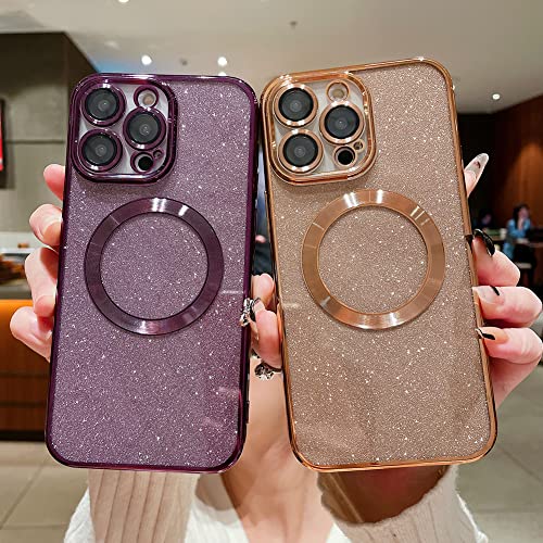 SOKAD for iPhone 14 Pro Max Case Glitter [Compatible with MagSafe] Soft TPU Plating Luxury Bling Case [Built-in Camera Lens Protector] Shockproof Anti-Scratch Slim Magnetic Cover - Purple
