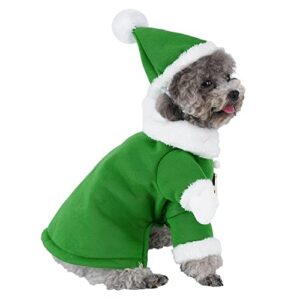 Mogoko Dog Cat Christmas Santa Claus Costume, Funny Pet Cosplay Costumes Suit with Cap, Puppy Fleece Outfits Warm Coat Animal Festival Apparel Clothes Green Size M for Small Breeds Dog